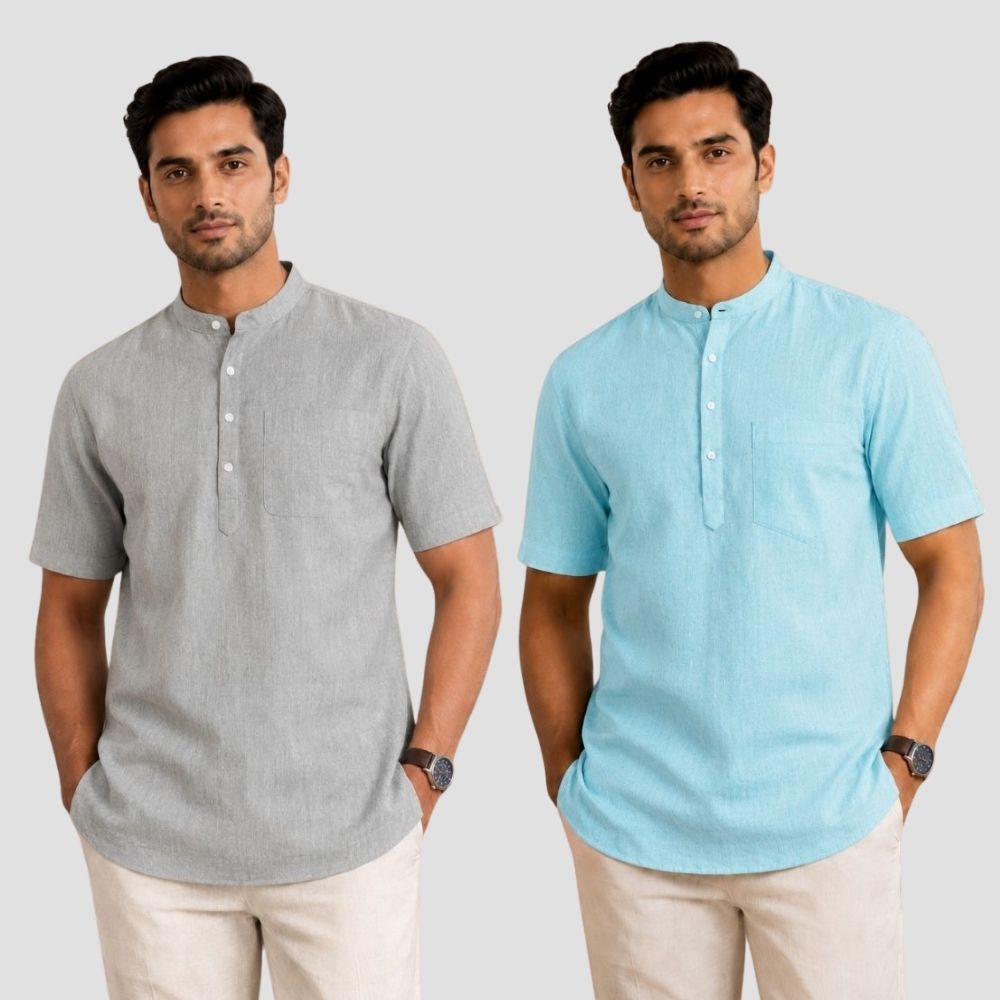 Combo of 2 Cotton Half Sleeves Kurta Light Gray and Blue-51440