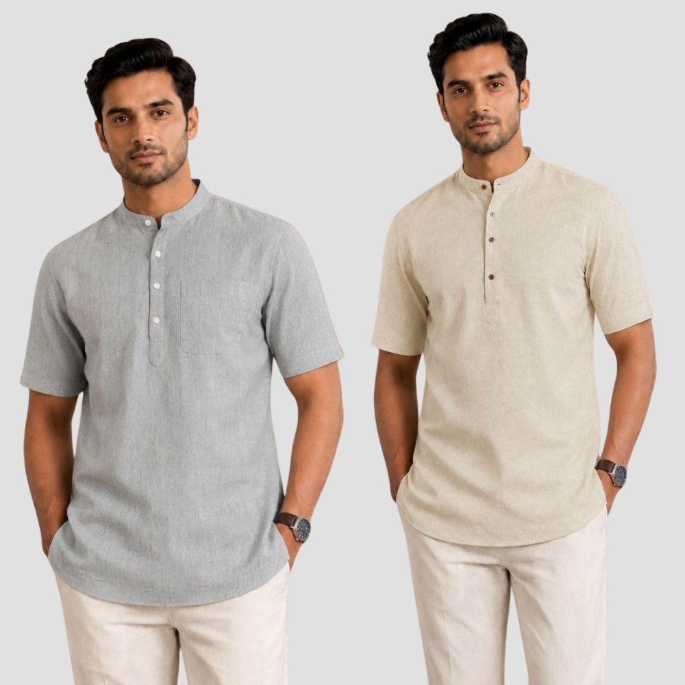 Combo of 2 Cotton Half Sleeves Kurta Light Gray and Light Beige-51429