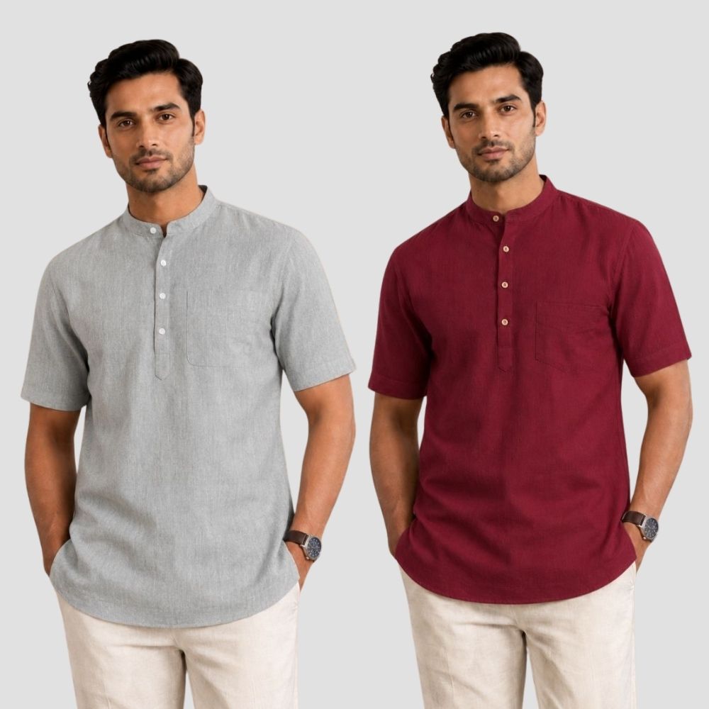 Combo of 2 Cotton Half Sleeves Kurta Light Gray and Maroon-51433