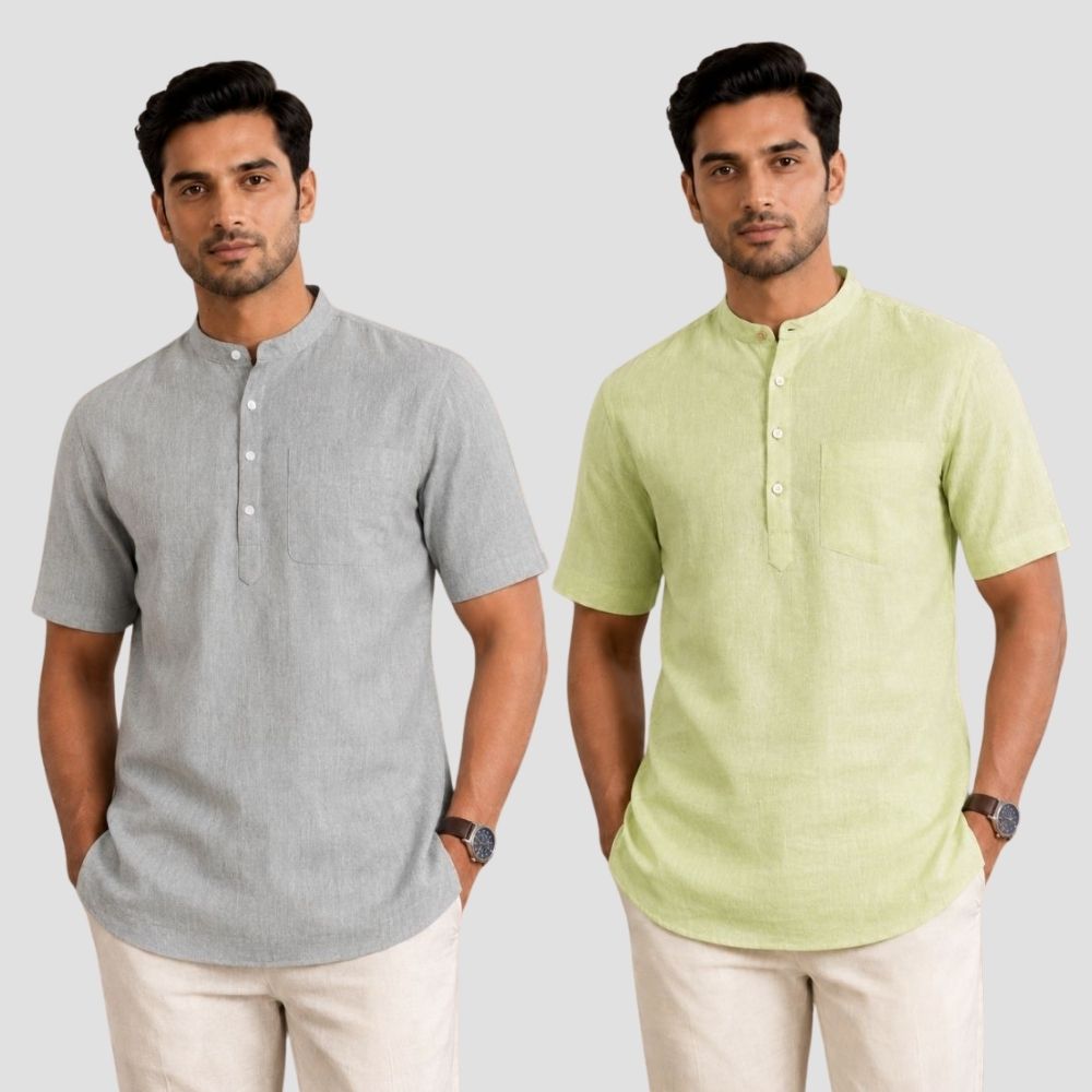 Combo of 2 Cotton Half Sleeves Kurta Light Gray and Mint Green-51428