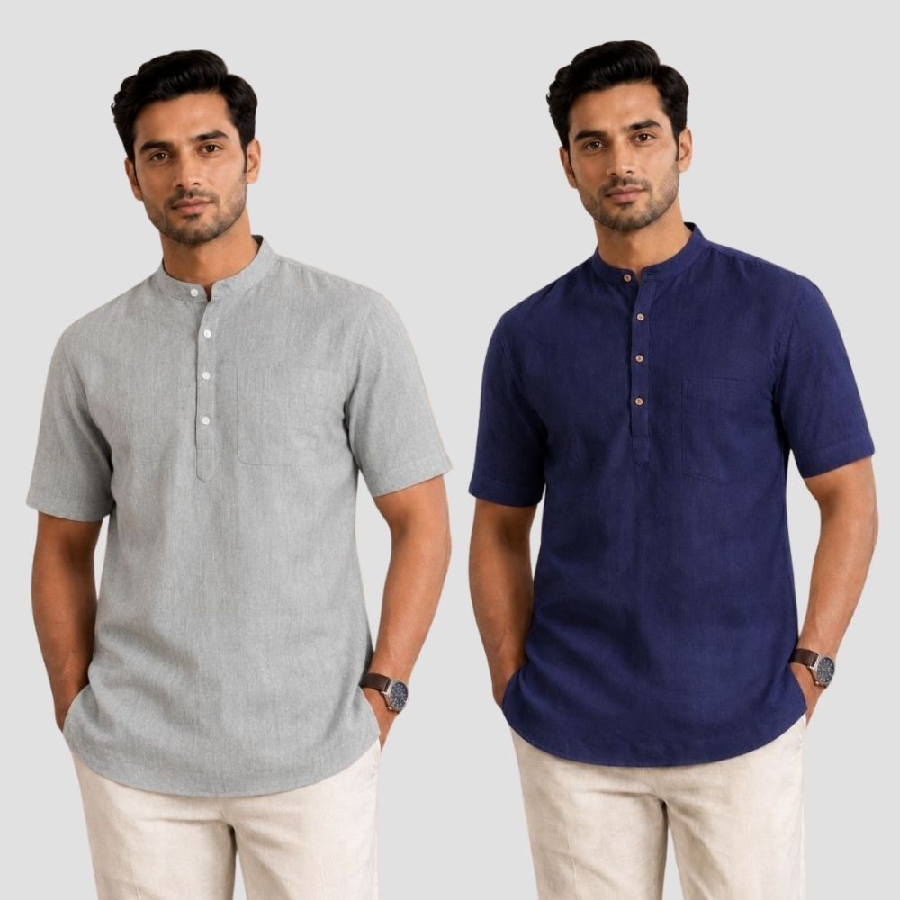 Combo of 2 Cotton Half Sleeves Kurta Light Gray and Navy Blue-51434
