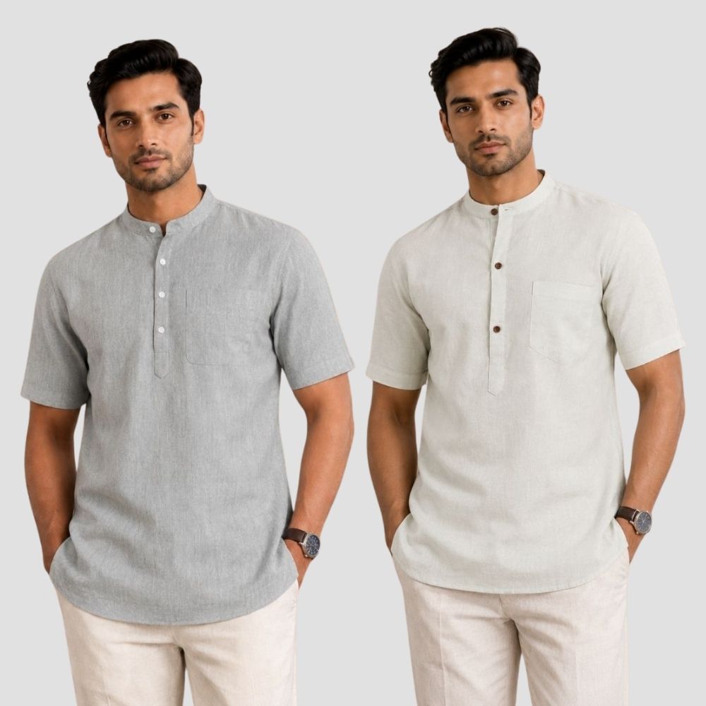 Combo of 2 Cotton Half Sleeves Kurta Light Gray and Off White-51430