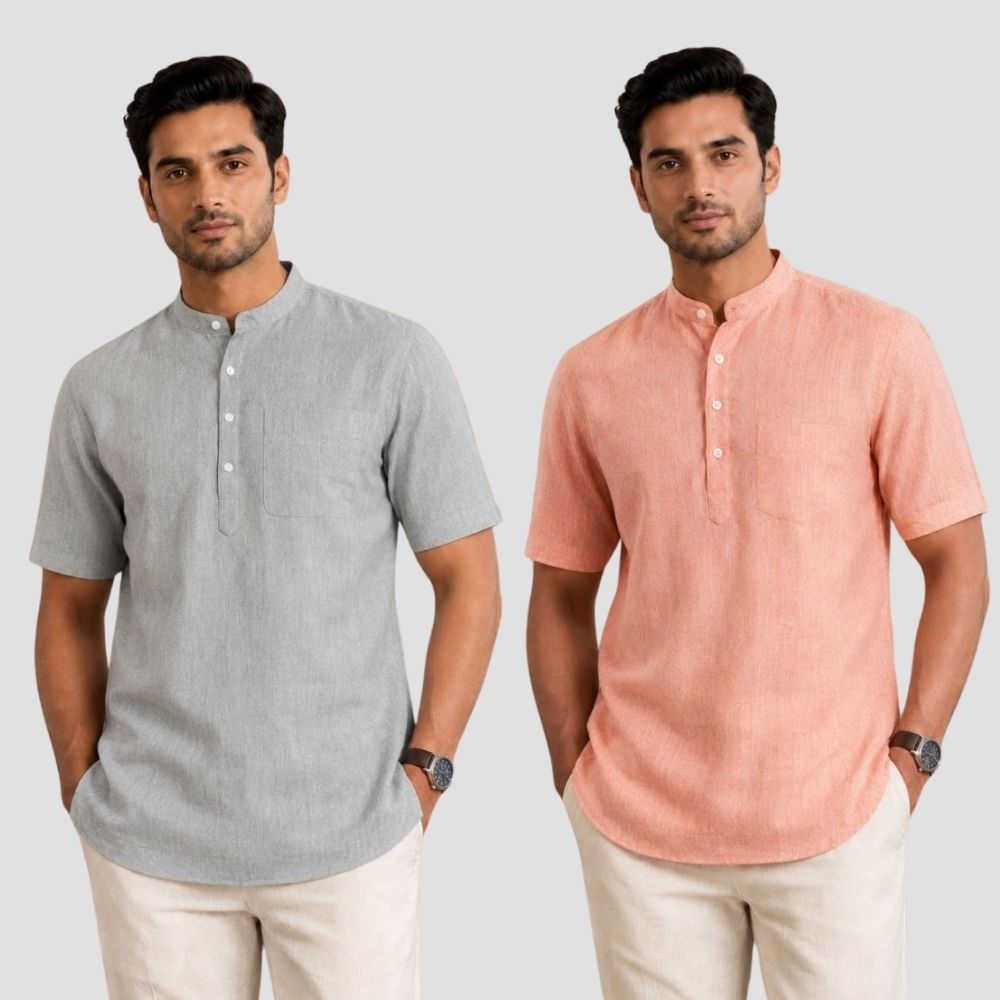 Combo of 2 Cotton Half Sleeves Kurta Light Gray and Peach-51435