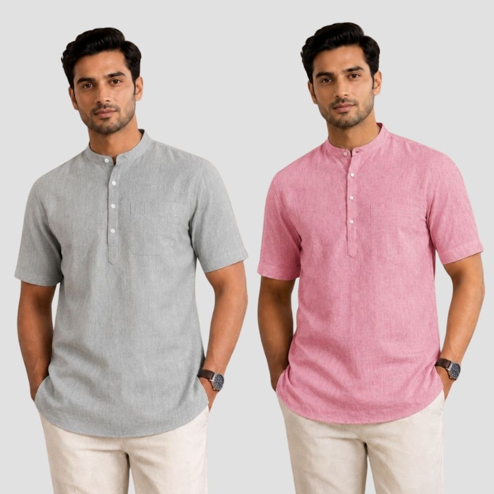 Combo of 2 Cotton Half Sleeves Kurta Light Gray and Pink-51436