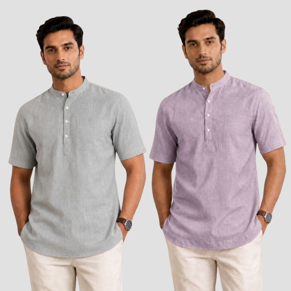 Combo of 2 Cotton Half Sleeves Kurta Light Gray and Purple-51437
