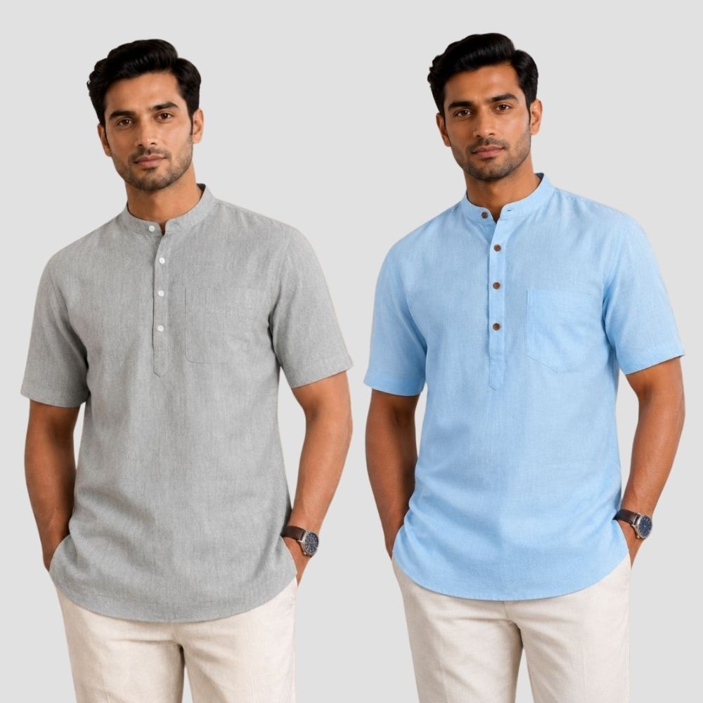 Combo of 2 Cotton Half Sleeves Kurta Light Gray and Sky Blue-51432
