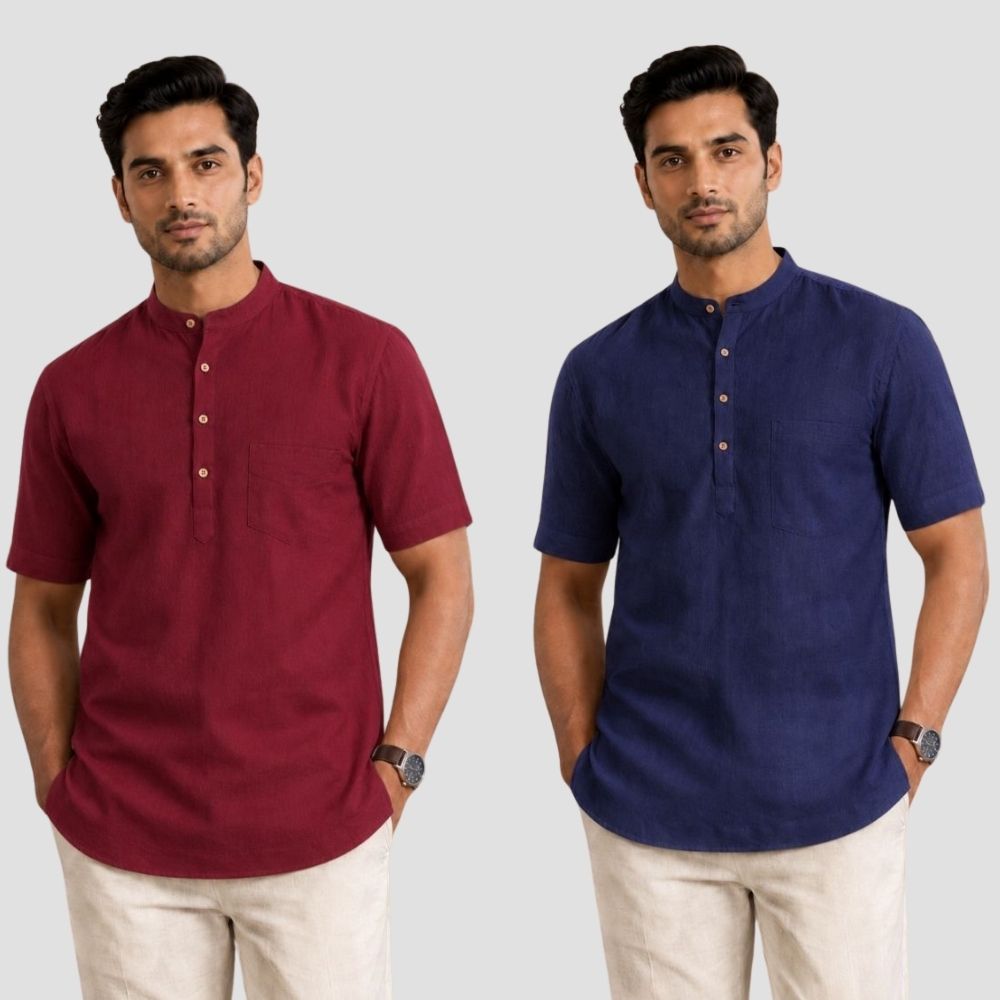 Combo of 2 Cotton Half Sleeves Kurta Maroon and Navy Blue-51503