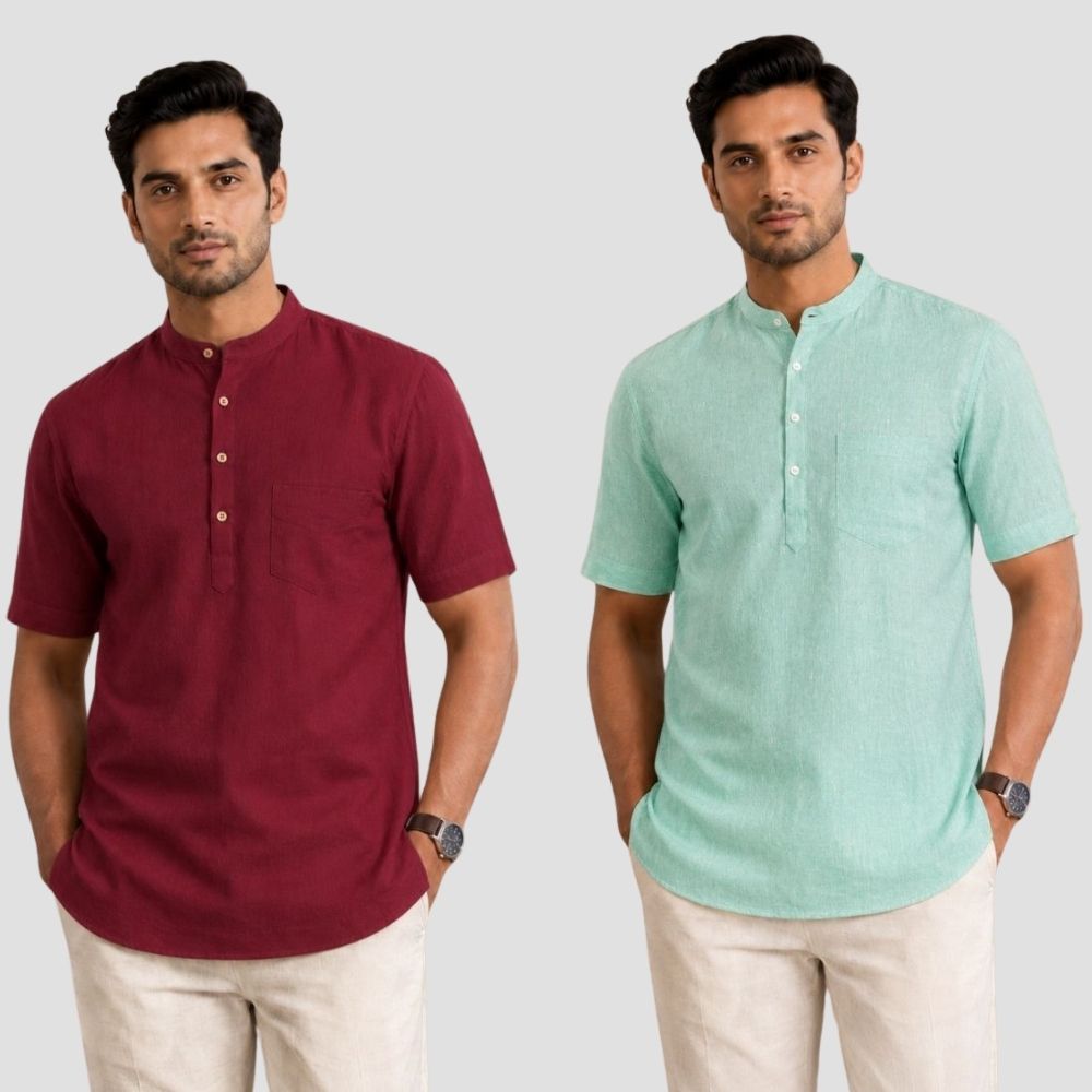 Combo of 2 Cotton Half Sleeves Kurta Maroon and Parrot Green-51507