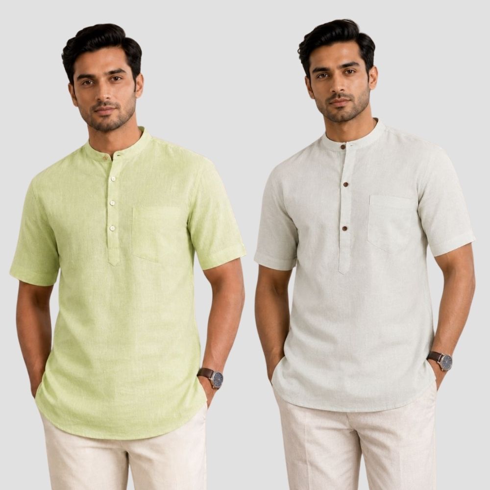 Combo of 2 Cotton Half Sleeves Kurta Mint Green and Off White-51444