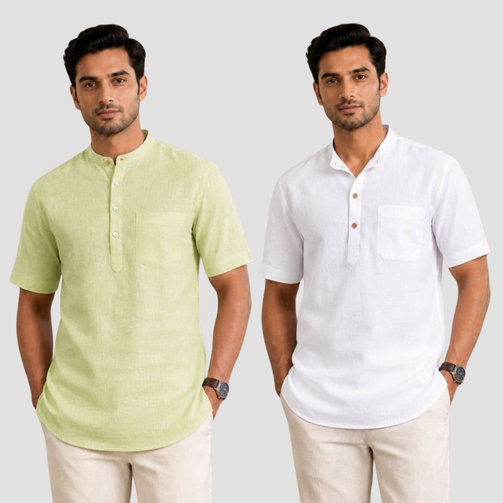 Combo of 2 Cotton Half Sleeves Kurta Mint Green and White-51455