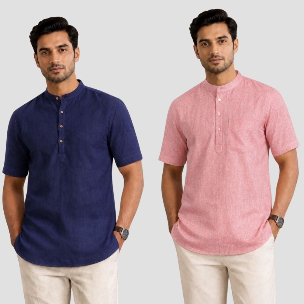 Combo of 2 Cotton Half Sleeves Kurta Navy Blue and Brick Red-51516