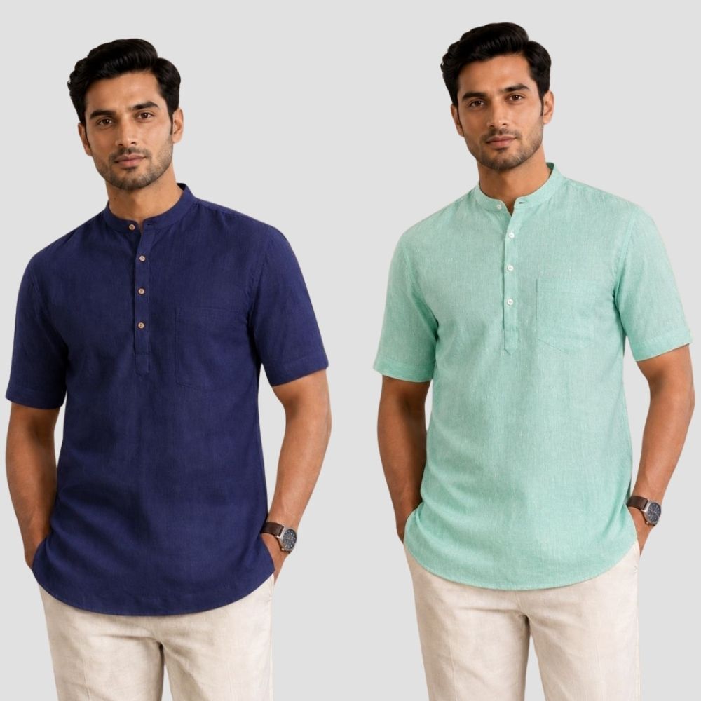 Combo of 2 Cotton Half Sleeves Kurta Navy Blue and Parrot Green-51515