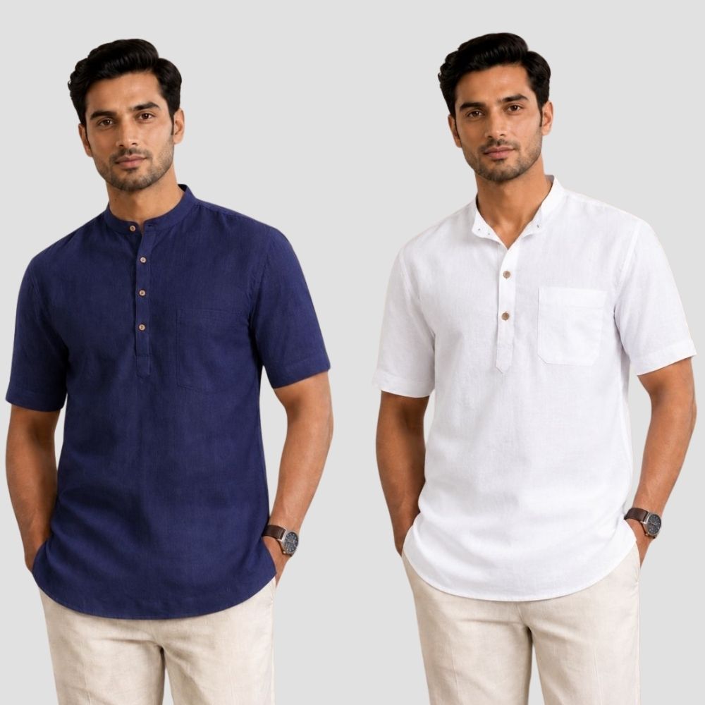 Combo of 2 Cotton Half Sleeves Kurta Navy Blue and White-51518