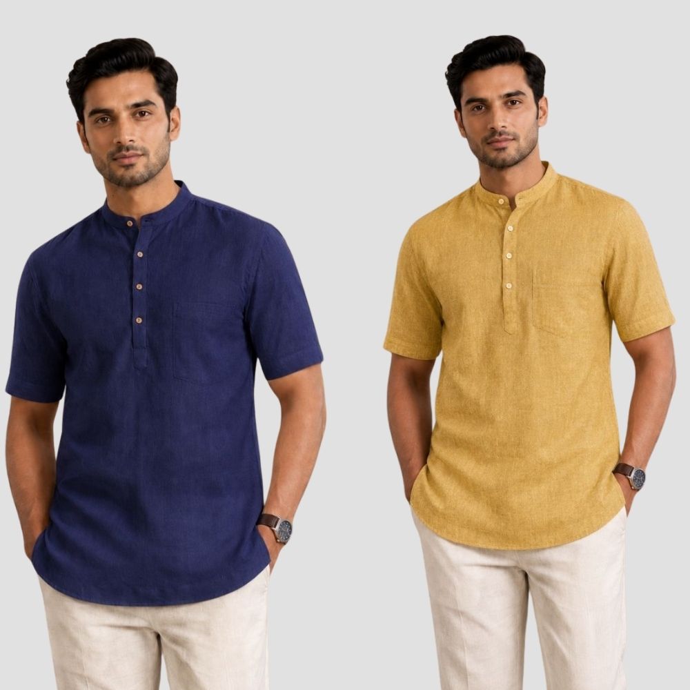 Combo of 2 Cotton Half Sleeves Kurta Navy Blue and Yellow-51519