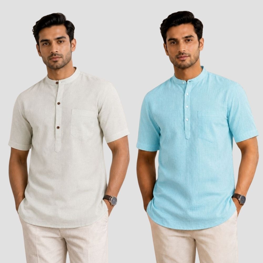 Combo of 2 Cotton Half Sleeves Kurta Off White and Blue-51479