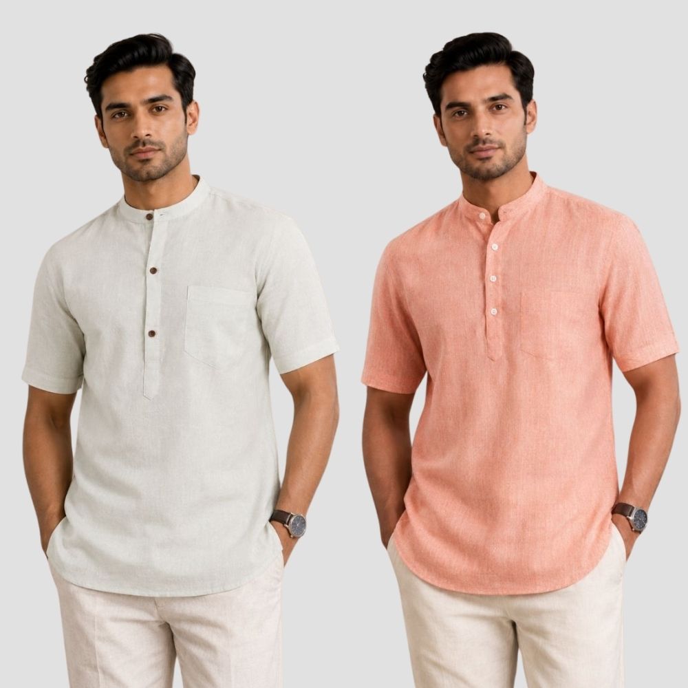 Combo of 2 Cotton Half Sleeves Kurta Off White and Peach-51474