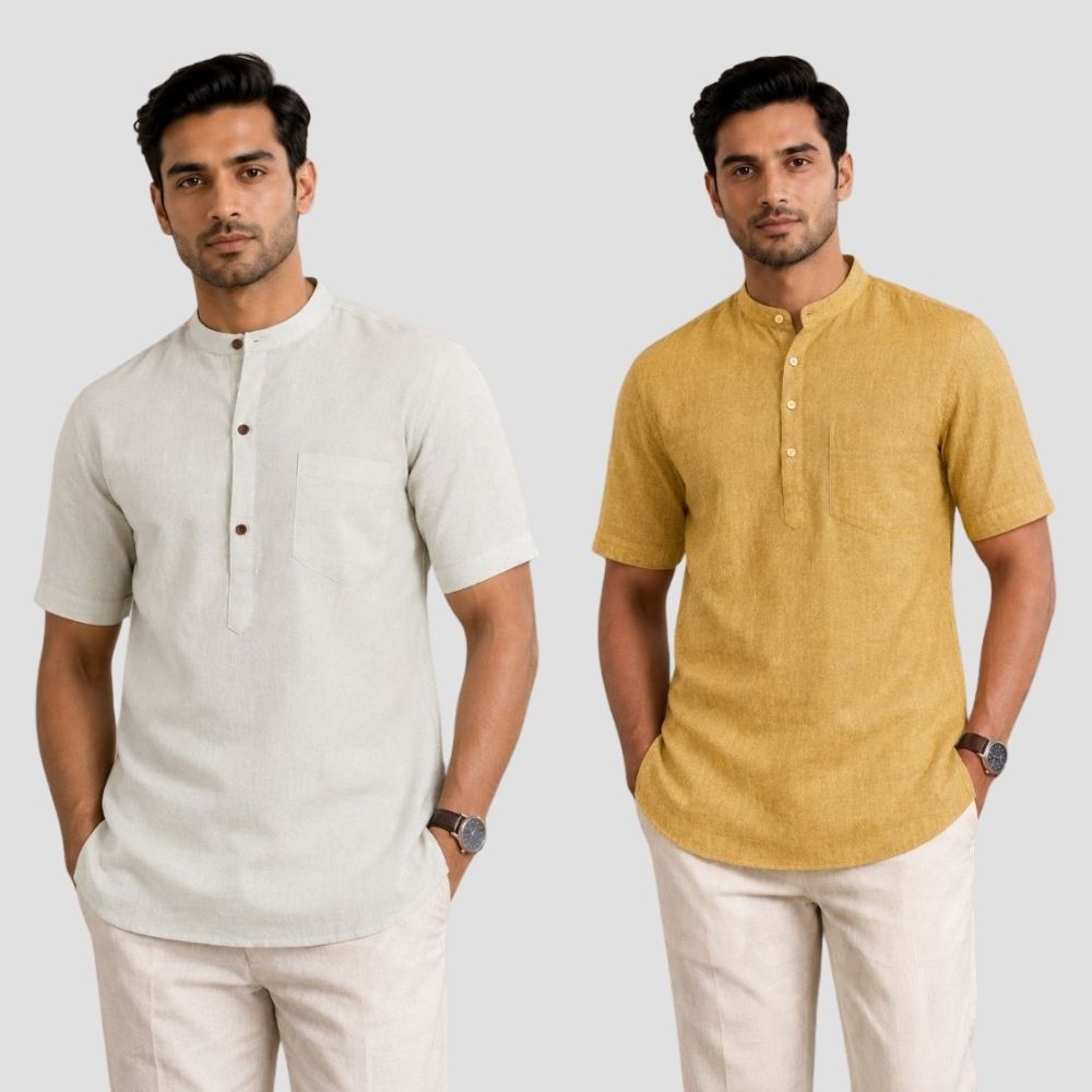 Combo of 2 Cotton Half Sleeves Kurta Off White and Yellow-51481