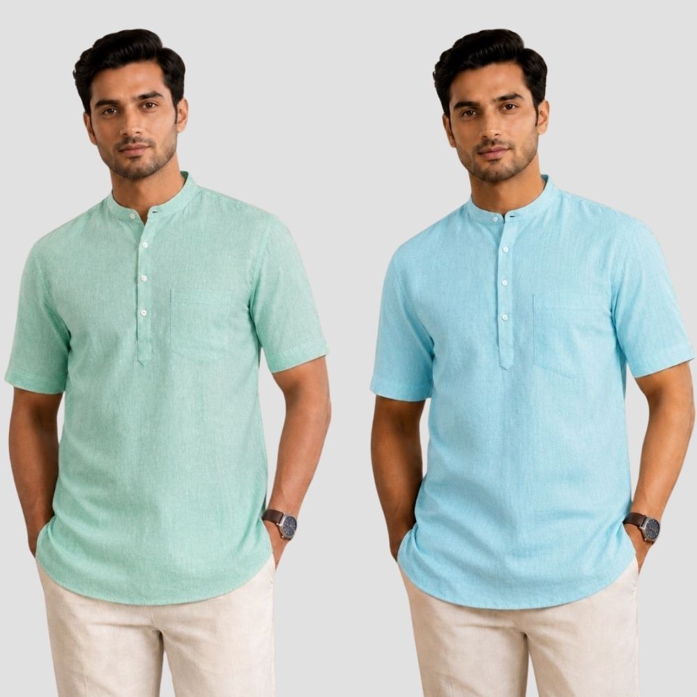 Combo of 2 Cotton Half Sleeves Kurta Parrot Green and Blue-51539