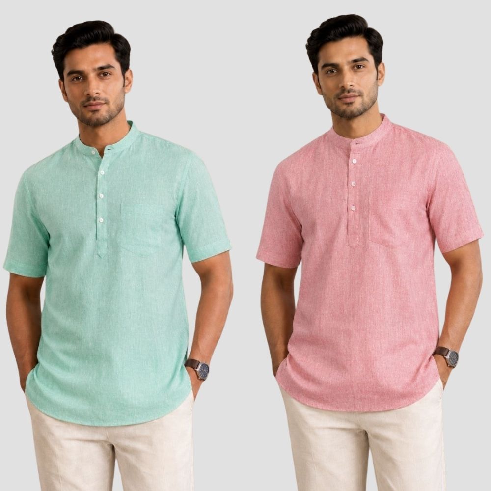 Combo of 2 Cotton Half Sleeves Kurta Parrot Green and Brick Red-51538