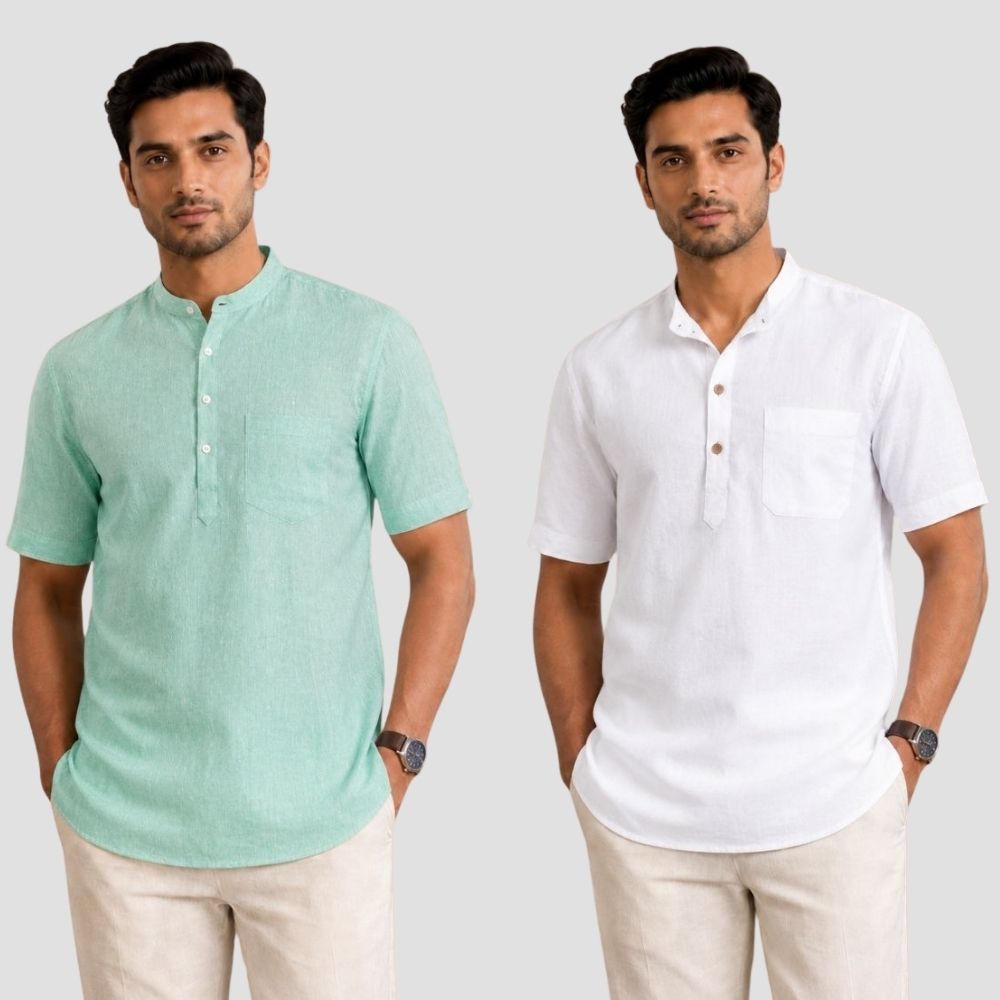 Combo of 2 Cotton Half Sleeves Kurta Parrot Green and White-51540