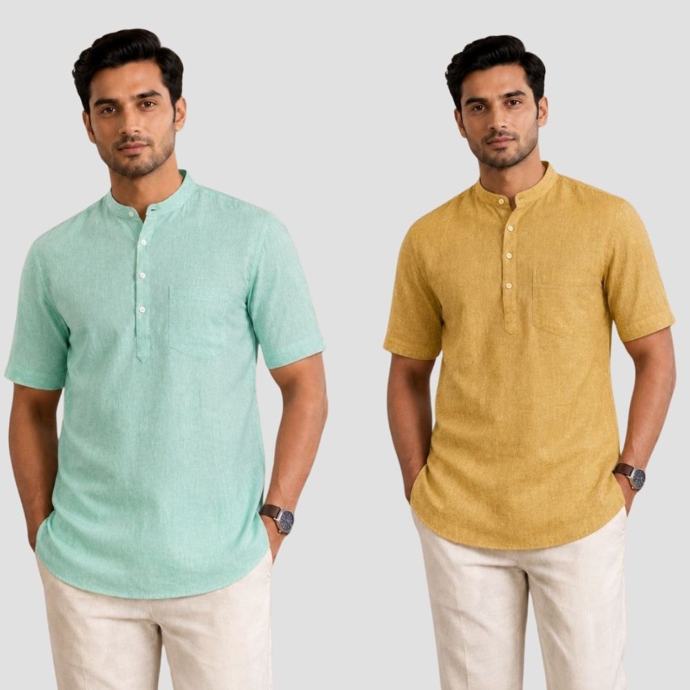 Combo of 2 Cotton Half Sleeves Kurta Parrot Green and Yellow-51541