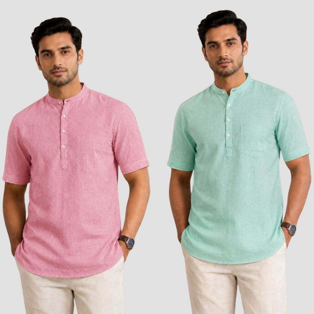 Combo of 2 Cotton Half Sleeves Kurta Pink and Parrot Green-51528