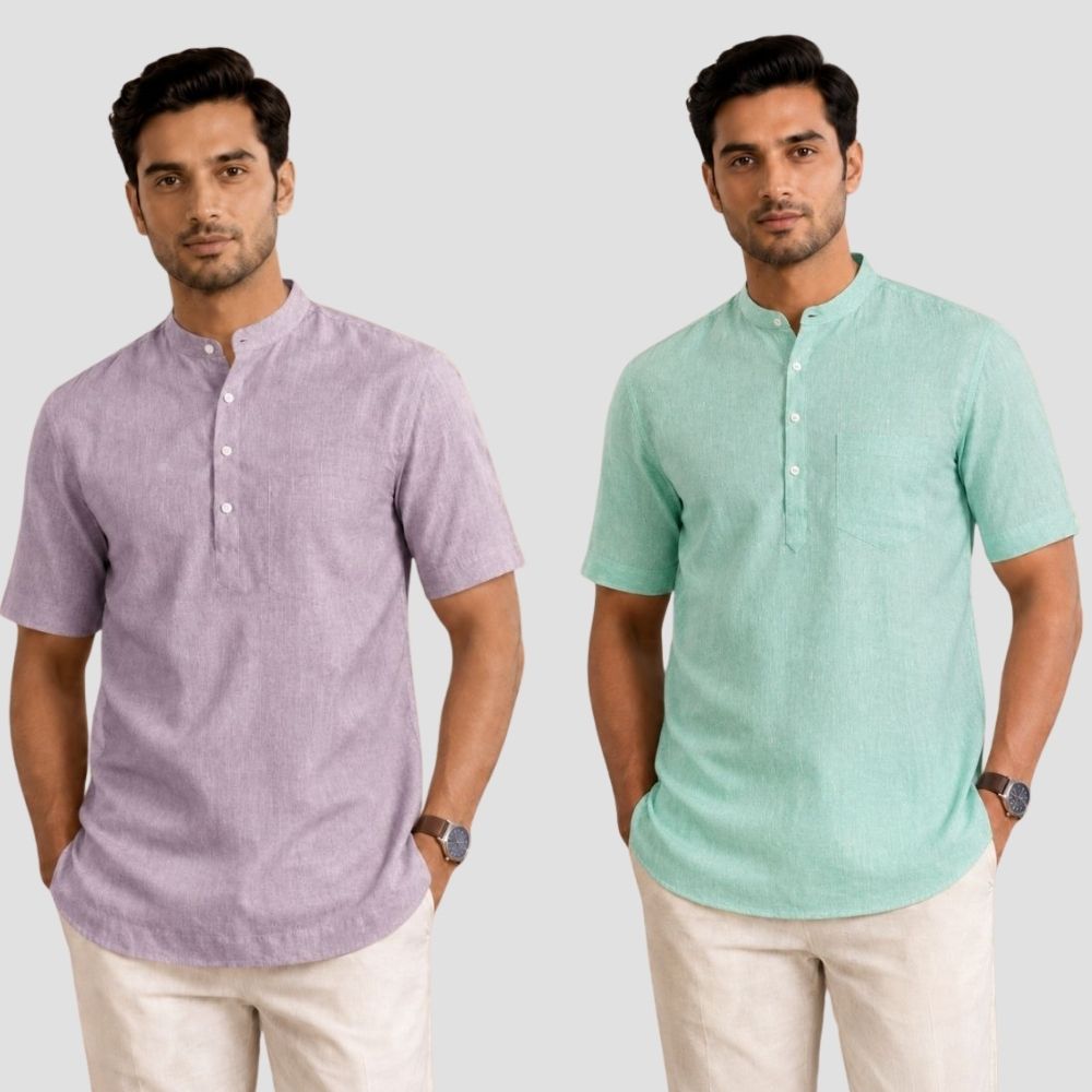 Combo of 2 Cotton Half Sleeves Kurta Purple and Parrot Green-51533