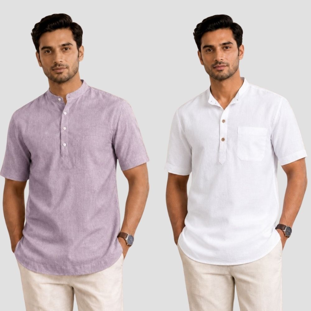 Combo of 2 Cotton Half Sleeves Kurta Purple and White-51536