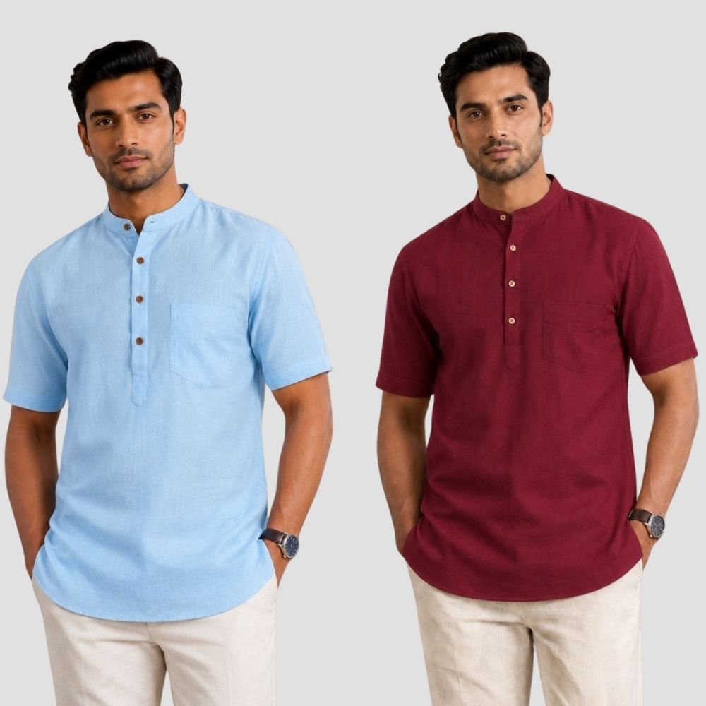Combo of 2 Cotton Half Sleeves Kurta Sky Blue and Maroon-51493