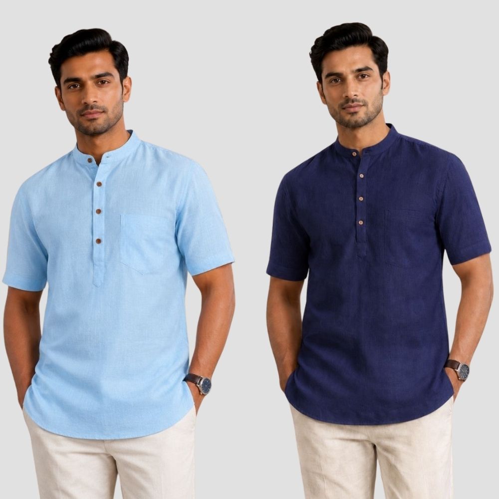 Combo of 2 Cotton Half Sleeves Kurta Sky Blue and Navy Blue-51494