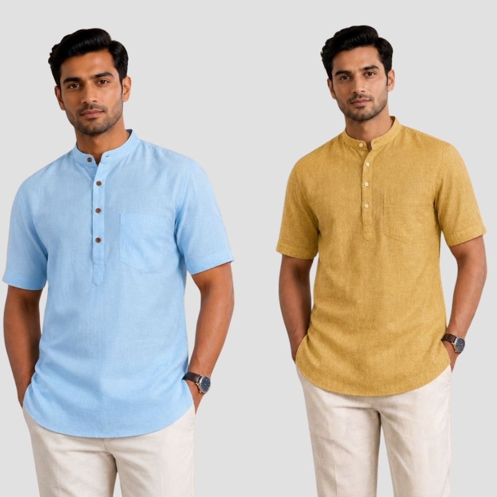 Combo of 2 Cotton Half Sleeves Kurta Sky Blue and Yellow-51502