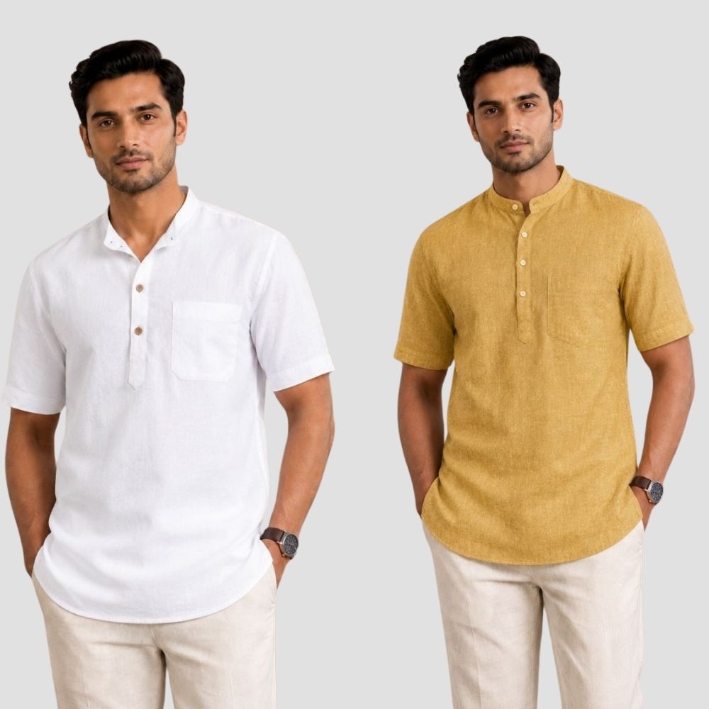 Combo of 2 Cotton Half Sleeves Kurta White and Yellow-51547