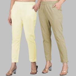 Combo of 2 Cotton Lemon Yellow and Beige Women Regular Fit Solid Trousers-47622