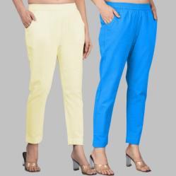 Combo of 2 Cotton Lemon Yellow and Blue Women Regular Fit Solid Trousers-47618