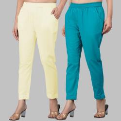 Combo of 2 Cotton Lemon Yellow and Cyan Women Regular Fit Solid Trousers-47621
