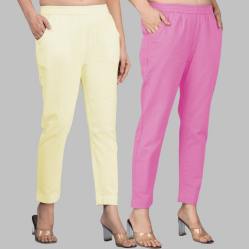 Combo of 2 Cotton Lemon Yellow and Light Pink Women Regular Fit Solid Trousers-47619