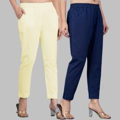 Combo of 2 Cotton Lemon Yellow and Navy Blue Women Regular Fit Solid Trousers-47623