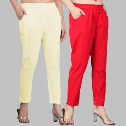 Combo of 2 Cotton Lemon Yellow and Red Women Regular Fit Solid Trousers-47624