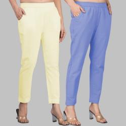 Combo of 2 Cotton Lemon Yellow and Sky Blue Women Regular Fit Solid Trousers-47620