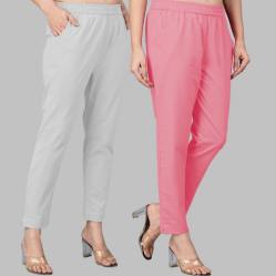 Combo of 2 Cotton Light Gray and Baby Pink Women Regular Fit Solid Trousers-47508