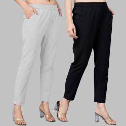 Combo of 2 Cotton Light Gray and Black Women Regular Fit Solid Trousers-47502