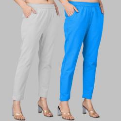 Combo of 2 Cotton Light Gray and Blue Women Regular Fit Solid Trousers-47510