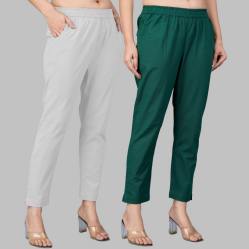 Combo of 2 Cotton Light Gray and Bottle Green Women Regular Fit Solid Trousers-47503