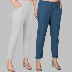 Combo of 2 Cotton Light Gray and Denim Women Regular Fit Solid Trousers-47517