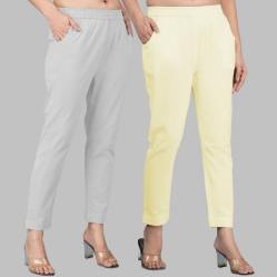 Combo of 2 Cotton Light Gray and Lemon Yellow Women Regular Fit Solid Trousers-47509