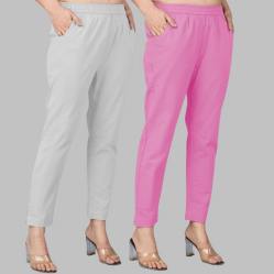 Combo of 2 Cotton Light Gray and Light Pink Women Regular Fit Solid Trousers-47511