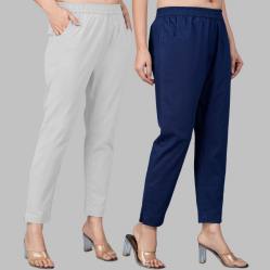 Combo of 2 Cotton Light Gray and Navy Blue Women Regular Fit Solid Trousers-47515