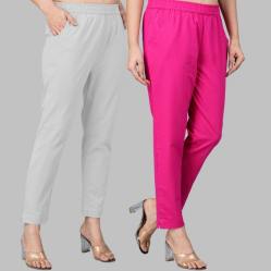 Combo of 2 Cotton Light Gray and Pink Women Regular Fit Solid Trousers-47506