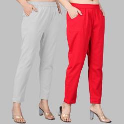 Combo of 2 Cotton Light Gray and Red Women Regular Fit Solid Trousers-47516