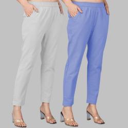 Combo of 2 Cotton Light Gray and Sky Blue Women Regular Fit Solid Trousers-47512
